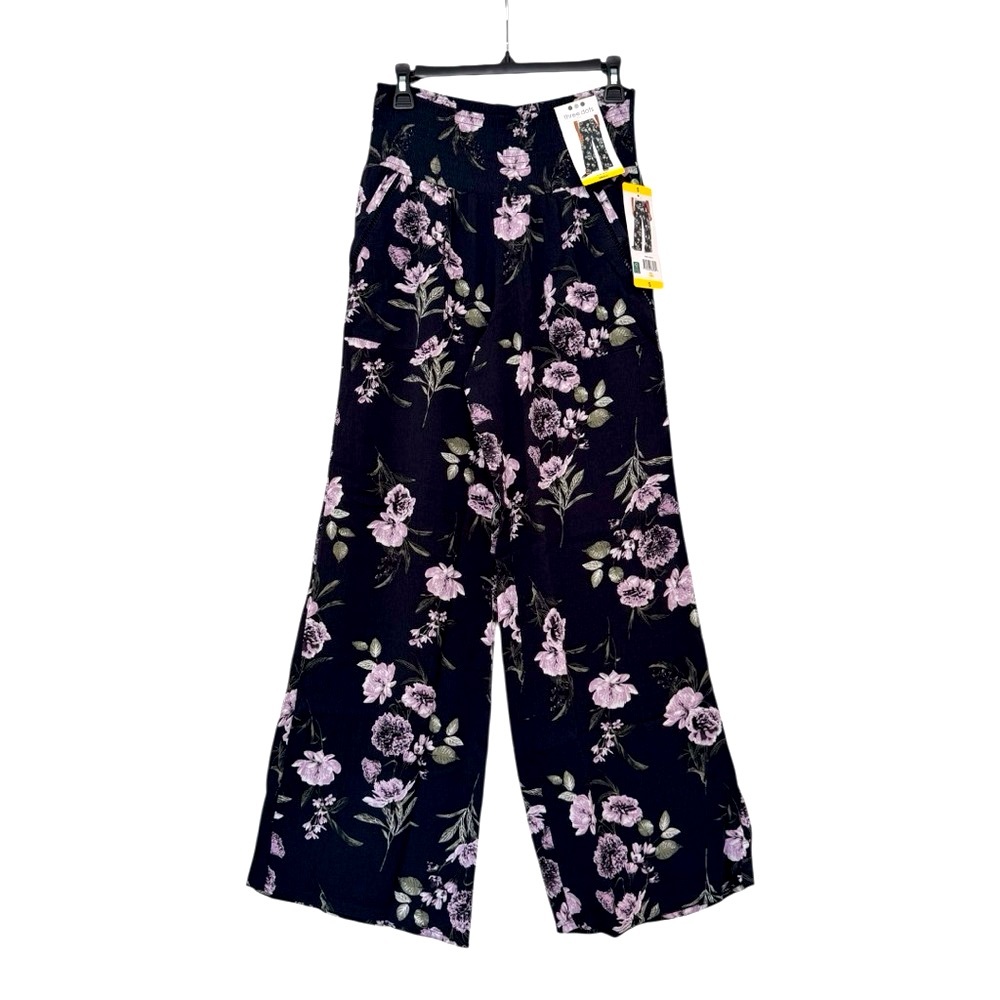 Three Dots Womens Floral Wide-Leg Pants Smocked Wide Waist Inseam 32”